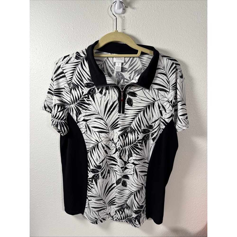 Chico's Weekends Black/white Size 1 Medium S/S‎ 1/4 Zip Side Slimming Shirt K1